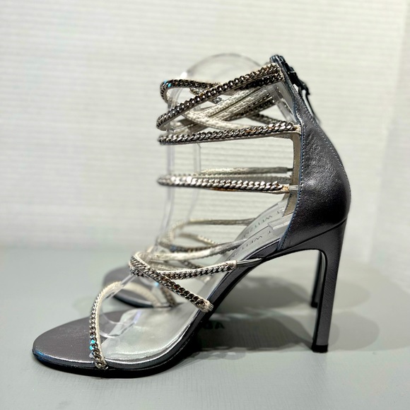 Stuart Weitzman Stilettos Gladiators Silver Chains Shoes 6 1/2 M Made in Spain - Picture 2 of 16